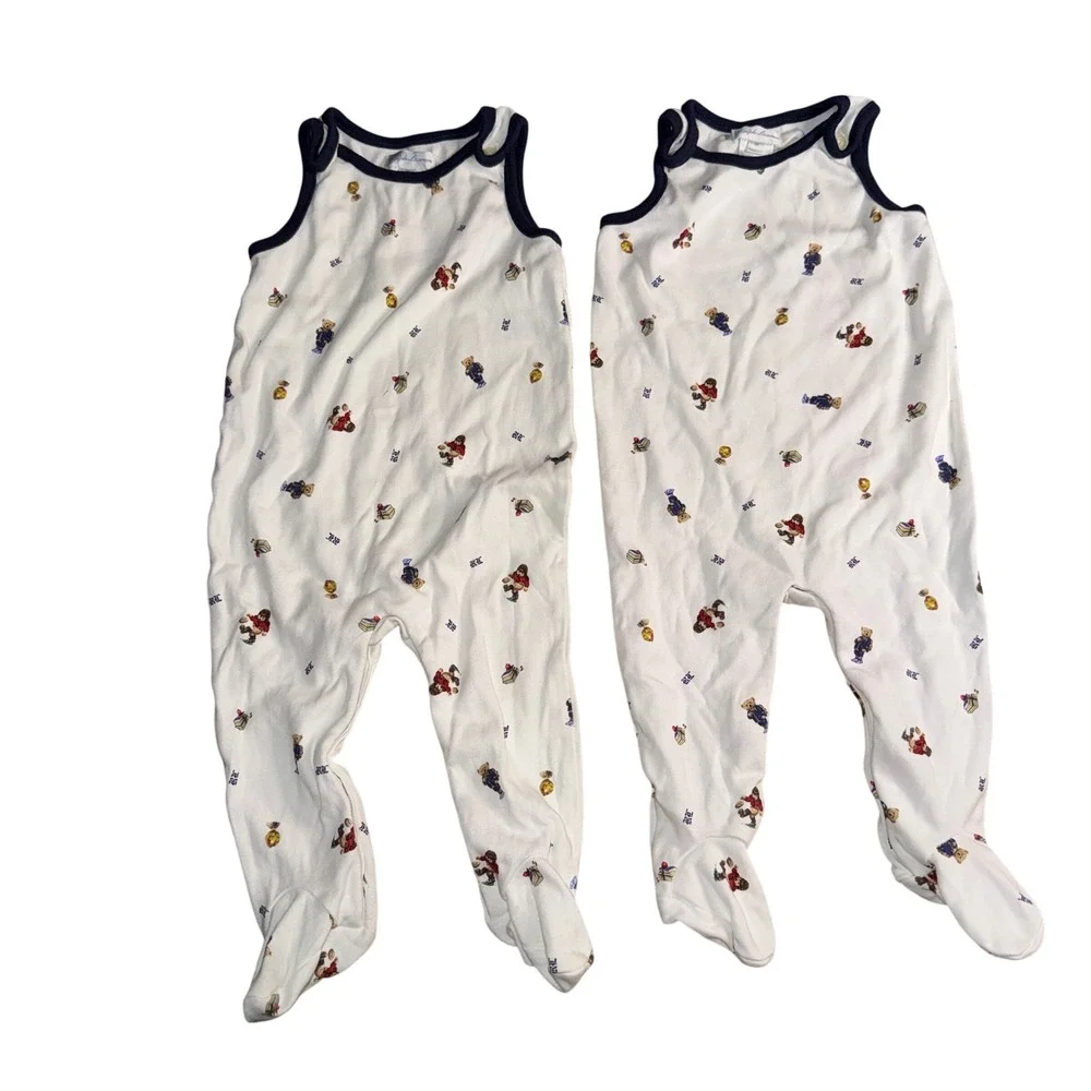 Ralph Lauren Footed Sleep Set 9M White Polo Bear Print Sleeveless Rompers twins